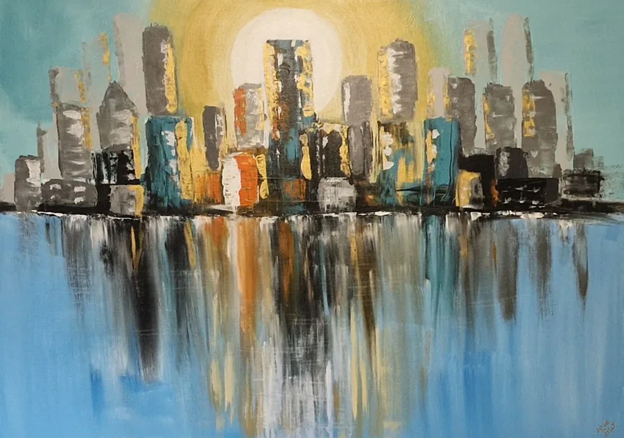 Acrylbild: Skyline in Grau, Türkis und Gold vor einer großen hellen Sonne, Spiegelung im blauen Wasser